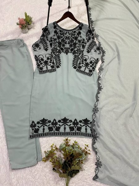 Majestic Grey Fox Georgette Pant Suit with Designer Dupatta for Women Collection Ready To Wear Collection