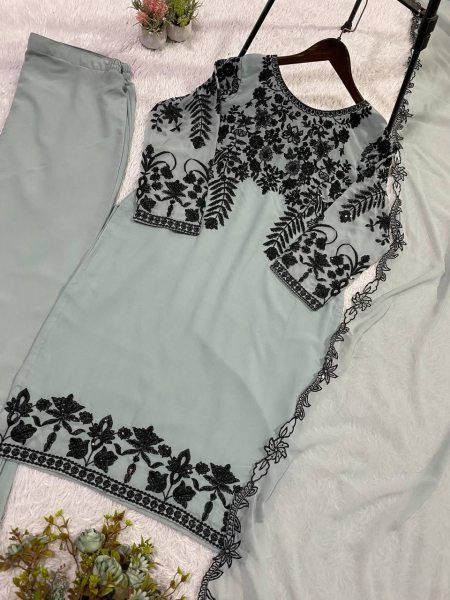 Majestic Grey Fox Georgette Pant Suit with Designer Dupatta for Women Collection Ready To Wear Collection