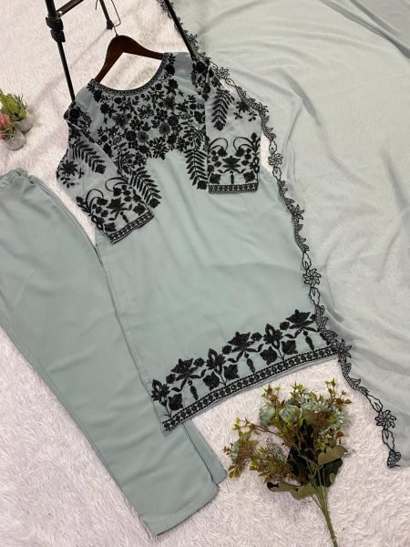 Majestic Grey Fox Georgette Pant Suit with Designer Dupatta for Women Collection Ready To Wear Collection
