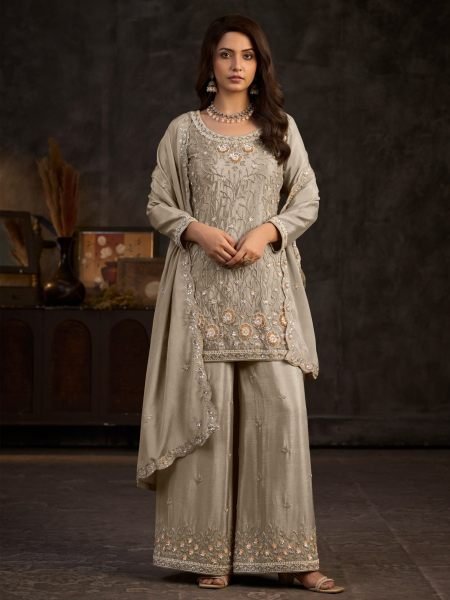 Majestic Grey Real Chinon Top Palazzo Dupatta Set with Beads Work for Festival 