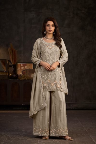 Majestic Grey Real Chinon Top Palazzo Dupatta Set with Beads Work for Festival Designer Plazzo Salwar Suits Wholesale