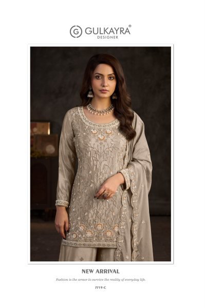 Majestic Grey Real Chinon Top Palazzo Dupatta Set with Beads Work for Festival Designer Plazzo Salwar Suits Wholesale