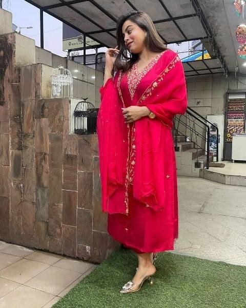 Majestic Hot Pink 3-Piece Kurta Pant Dupatta Set  For Party Wear   Straight Cut Long Kurtis