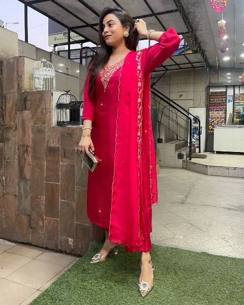 Majestic Hot Pink 3-Piece Kurta Pant Dupatta Set  For Party Wear   Straight Cut Long Kurtis