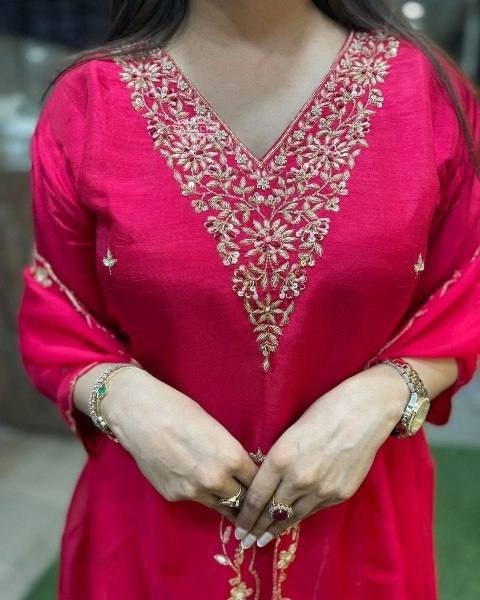 Majestic Hot Pink 3-Piece Kurta Pant Dupatta Set  For Party Wear   Straight Cut Long Kurtis
