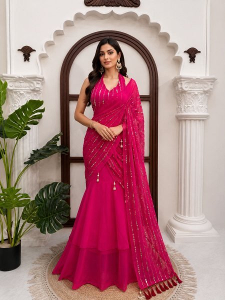 Majestic Hot Pink Faux Georgette Fish Cut Lehenga Saree with Thread Sequins Work Sarees 