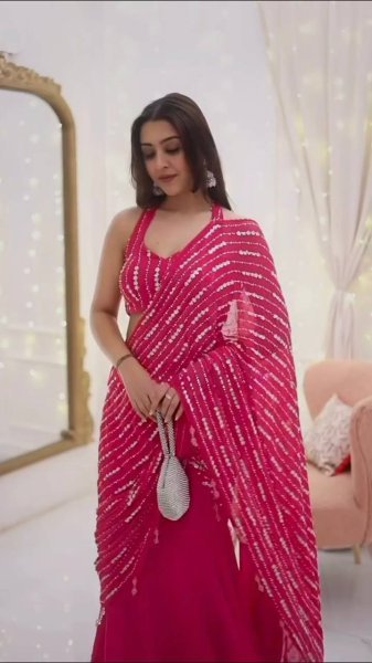 Majestic Hot Pink Faux Georgette Fish Cut Lehenga Saree with Thread Sequins Work Ready To Wear Saree 