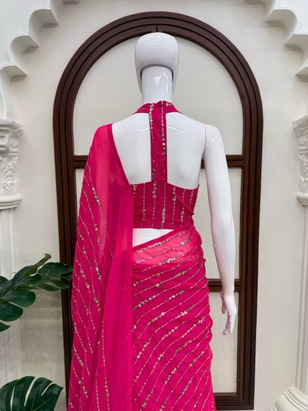 Majestic Hot Pink Faux Georgette Fish Cut Lehenga Saree with Thread Sequins Work Ready To Wear Saree 