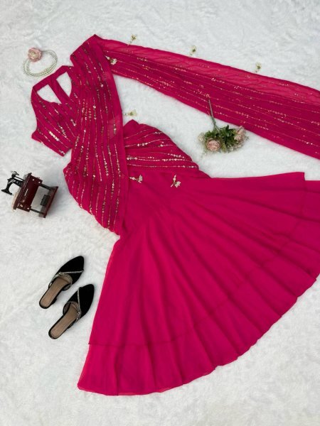 Majestic Hot Pink Faux Georgette Fish Cut Lehenga Saree with Thread Sequins Work Ready To Wear Saree 