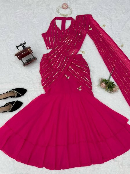 Majestic Hot Pink Faux Georgette Fish Cut Lehenga Saree with Thread Sequins Work Ready To Wear Saree 