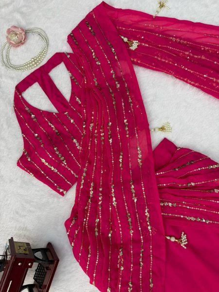Majestic Hot Pink Faux Georgette Fish Cut Lehenga Saree with Thread Sequins Work Ready To Wear Saree 