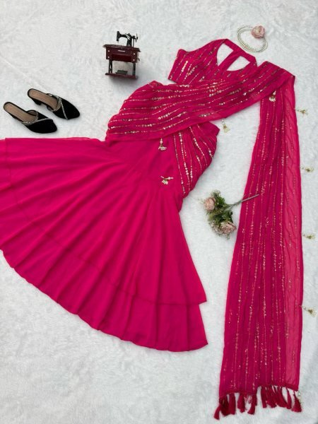 Majestic Hot Pink Faux Georgette Fish Cut Lehenga Saree with Thread Sequins Work Ready To Wear Saree 
