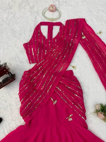 Majestic Hot Pink Faux Georgette Fish Cut Lehenga Saree with Thread Sequins Work Ready To Wear Saree 