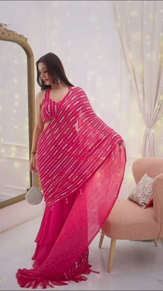 Majestic Hot Pink Faux Georgette Fish Cut Lehenga Saree with Thread Sequins Work Ready To Wear Saree 