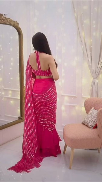 Majestic Hot Pink Faux Georgette Fish Cut Lehenga Saree with Thread Sequins Work Ready To Wear Saree 