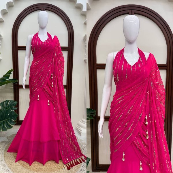 Majestic Hot Pink Faux Georgette Fish Cut Lehenga Saree with Thread Sequins Work Ready To Wear Saree 