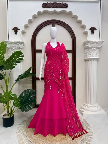 Majestic Hot Pink Faux Georgette Fish Cut Lehenga Saree with Thread Sequins Work Ready To Wear Saree 