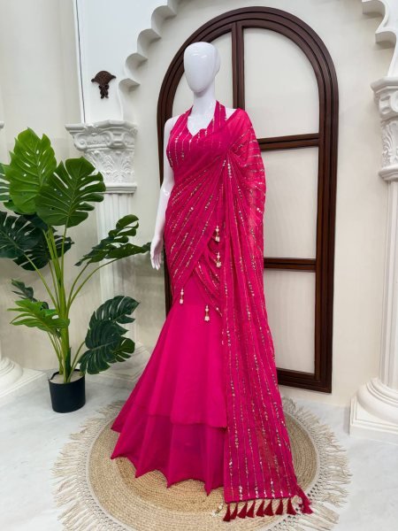 Majestic Hot Pink Faux Georgette Fish Cut Lehenga Saree with Thread Sequins Work Ready To Wear Saree 