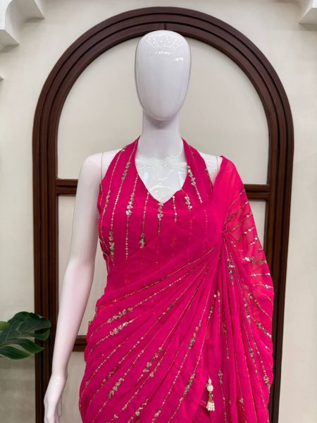 Majestic Hot Pink Faux Georgette Fish Cut Lehenga Saree with Thread Sequins Work Ready To Wear Saree 