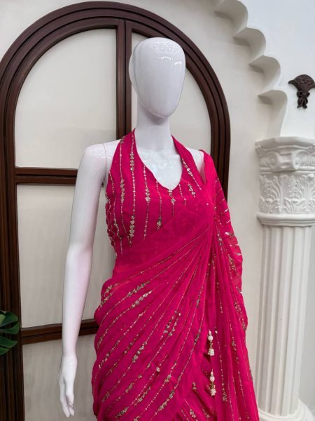 Majestic Hot Pink Faux Georgette Fish Cut Lehenga Saree with Thread Sequins Work Ready To Wear Saree 