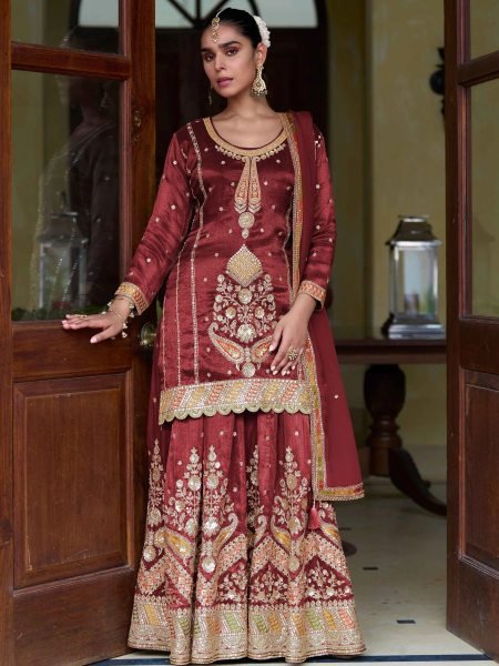 Majestic Maroon Designer Simmer Silk Skirt Set with Hand Embroidery Work 