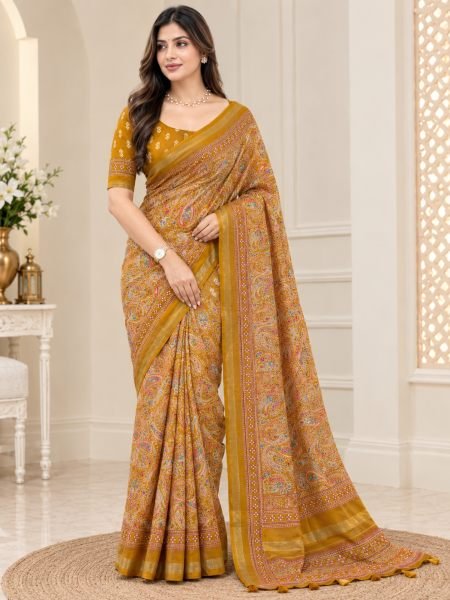 Majestic Mustard Yellow Pure Mul Cotton Saree with Mirror Work and Running Blouse Sarees 