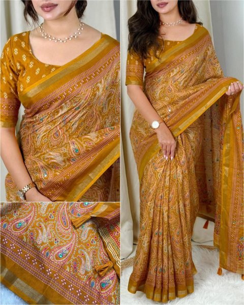 Majestic Mustard Yellow Pure Mul Cotton Saree with Mirror Work and Running Blouse Printed Cotton Sarees Wholesale
