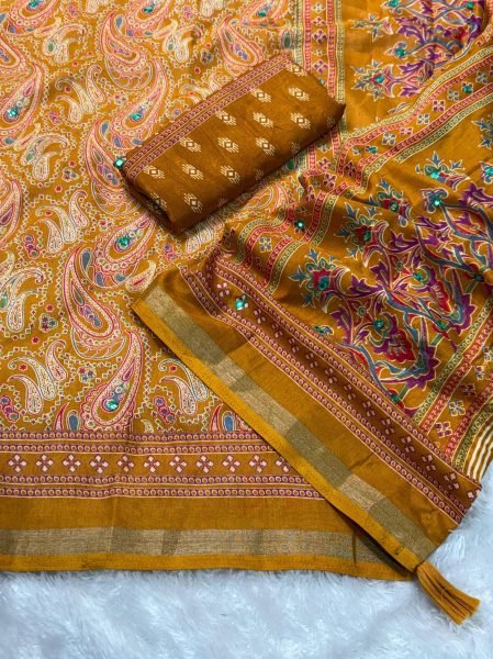 Majestic Mustard Yellow Pure Mul Cotton Saree with Mirror Work and Running Blouse Printed Cotton Sarees Wholesale