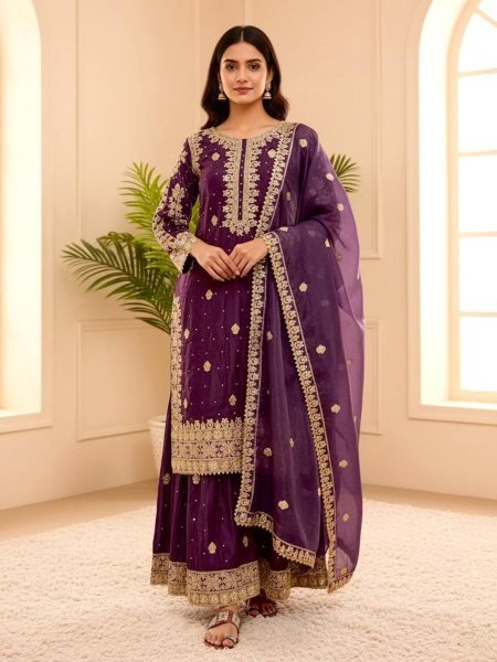 Majestic Natural Crepe Silk Embroidered Plazzo Suit with Matching Organza Dupatta for Supplier at Wholesale Rate  
