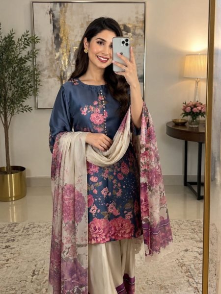 Majestic Navy Blue Crepe Silk Patiala Co Ord Set with Dupatta For Daily Wear CO ORD Sets