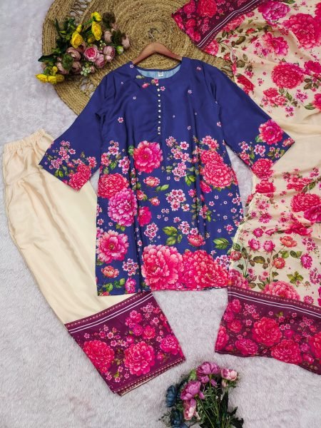 Majestic Navy Blue Crepe Silk Patiala Co Ord Set with Dupatta For Daily Wear Ready To Wear Collection