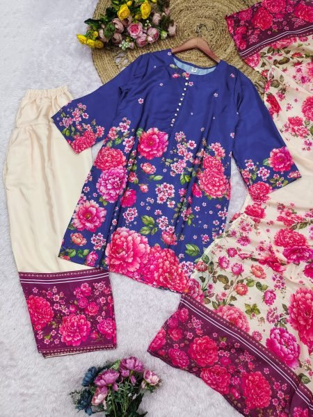Majestic Navy Blue Crepe Silk Patiala Co Ord Set with Dupatta For Daily Wear Ready To Wear Collection