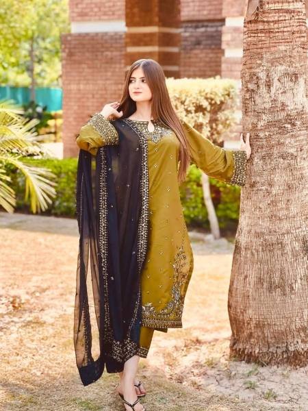 Majestic Olive Green Roman Silk Pakistani Suit with Heavy Embroidery Work at exclusive rates Ready To Wear Suit