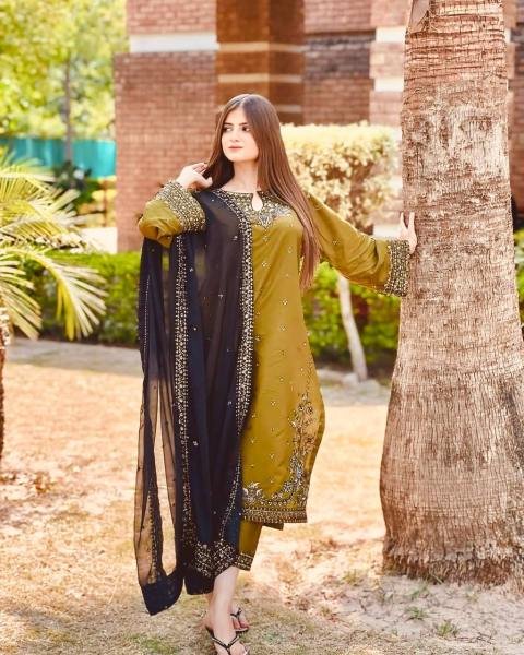 Majestic Olive Green Roman Silk Pakistani Suit with Heavy Embroidery Work at exclusive rates Ready To Wear Collection