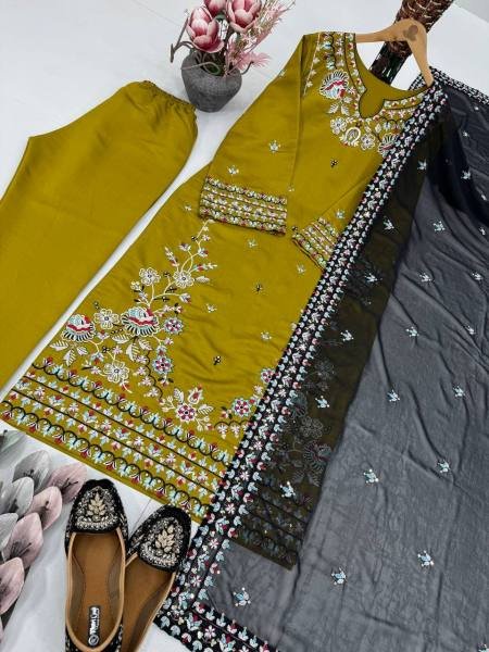 Majestic Olive Green Roman Silk Pakistani Suit with Heavy Embroidery Work at exclusive rates Ready To Wear Collection