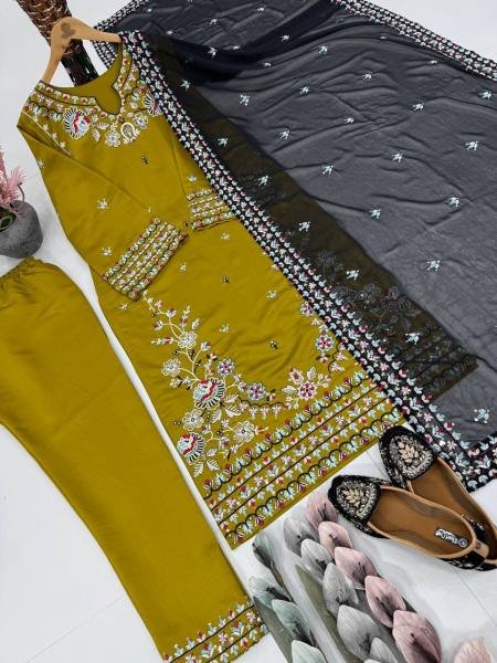 Majestic Olive Green Roman Silk Pakistani Suit with Heavy Embroidery Work at exclusive rates Ready To Wear Collection