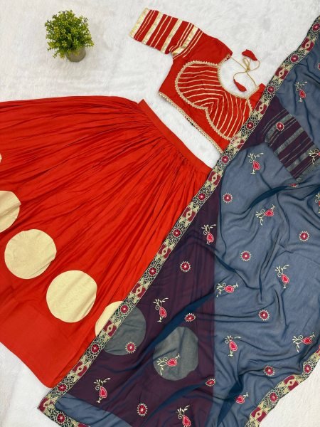 Majestic Orange Pure Rayon Lehenga Choli with Heavy Embroidered Dupatta for Bulk Order Navratri Lehnega Choli