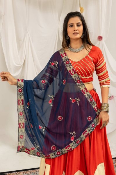 Majestic Orange Pure Rayon Lehenga Choli with Heavy Embroidered Dupatta for Bulk Order Navratri Lehnega Choli