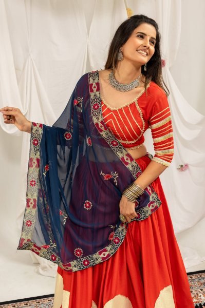 Majestic Orange Pure Rayon Lehenga Choli with Heavy Embroidered Dupatta for Bulk Order Navratri Lehnega Choli