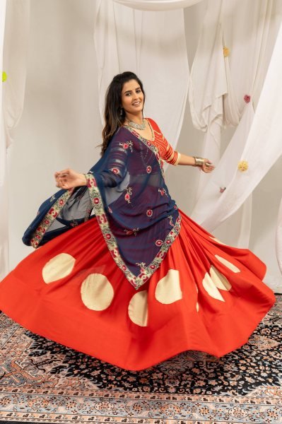 Majestic Orange Pure Rayon Lehenga Choli with Heavy Embroidered Dupatta for Bulk Order Navratri Lehnega Choli