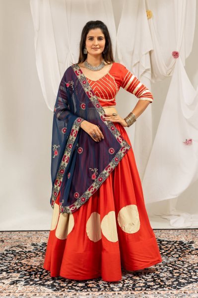 Majestic Orange Pure Rayon Lehenga Choli with Heavy Embroidered Dupatta for Bulk Order Navratri Lehnega Choli