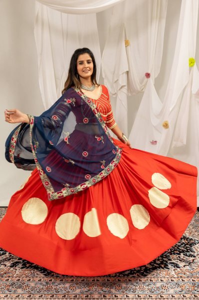 Majestic Orange Pure Rayon Lehenga Choli with Heavy Embroidered Dupatta for Bulk Order Navratri Lehnega Choli