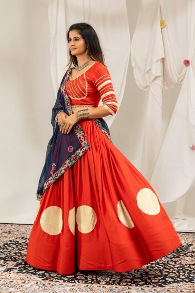 Majestic Orange Pure Rayon Lehenga Choli with Heavy Embroidered Dupatta for Bulk Order Navratri Lehnega Choli