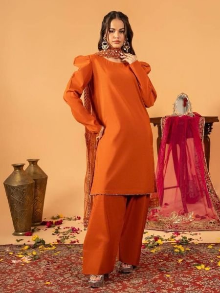Majestic Orange Roman Chanderi Silk Top with Farshi Salwar and Embroidered Dupatta Ready To Wear Suit