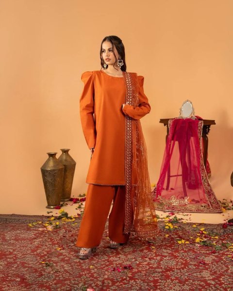 Majestic Orange Roman Chanderi Silk Top with Farshi Salwar and Embroidered Dupatta Ready To Wear Collection