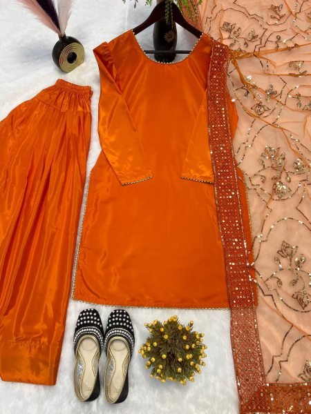 Majestic Orange Roman Chanderi Silk Top with Farshi Salwar and Embroidered Dupatta Ready To Wear Collection
