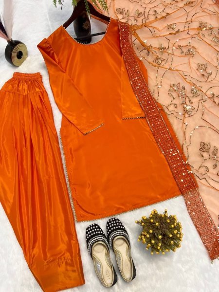 Majestic Orange Roman Chanderi Silk Top with Farshi Salwar and Embroidered Dupatta Ready To Wear Collection