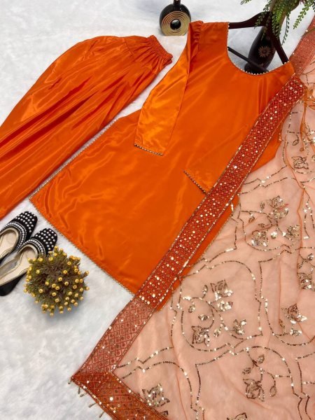 Majestic Orange Roman Chanderi Silk Top with Farshi Salwar and Embroidered Dupatta Ready To Wear Collection