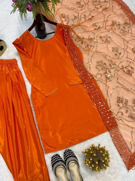 Majestic Orange Roman Chanderi Silk Top with Farshi Salwar and Embroidered Dupatta Ready To Wear Collection