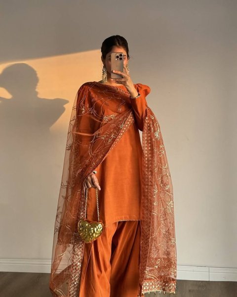 Majestic Orange Roman Chanderi Silk Top with Farshi Salwar and Embroidered Dupatta Ready To Wear Collection